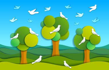 Kuşlar içinde alan manzaralı doğa manzara ile üç ağaçlar