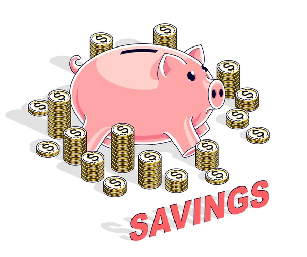 Концепция Личных Сбережений Piggy Bank Стопками Монет Центов Изолированы Белом — стоковый вектор