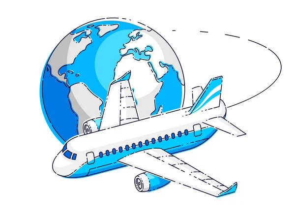 航空公司航空旅行徽章或例证与飞机客机和地球 — 图库矢量图片