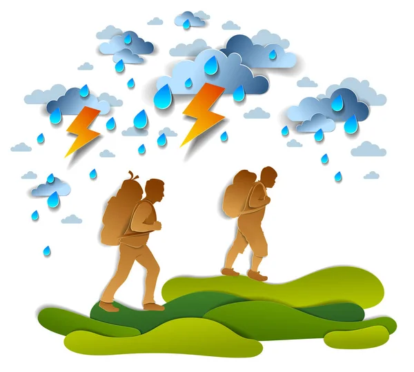 Hikers Padre Hijo Adolescente Caminando Través Tormenta Lluvia — Vector de stock