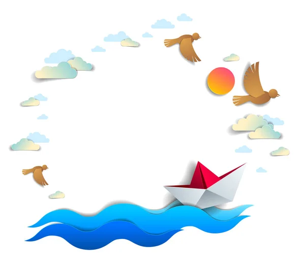 Strand Palmbomen Oceaan Golven Origami Papier Schip Speelgoed Zwemmen Frame — Stockvector