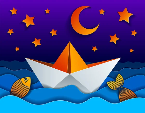 Origami Brinquedo Navio Papel Nadando Noite Com Lua Estrelas —  Vetores de Stock