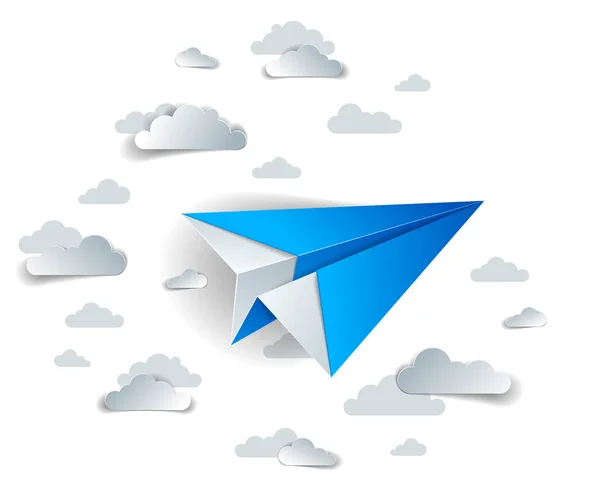 Origami Brinquedo Avião Papel Voando Céu Com Belas Nuvens — Vetor de Stock