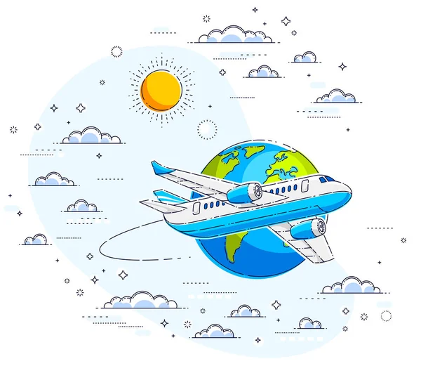 Plane Utasszállító Repülőgép Bolygó Föld Felhők Körül — Stock Vector