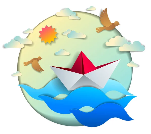 Origami Papír Loď Hračku Plavání Vlnách Oceánu — Stockový vektor