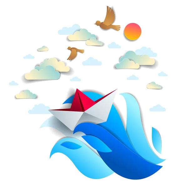 Origami Papel Barco Juguete Nadando Olas Del Océano — Vector de stock