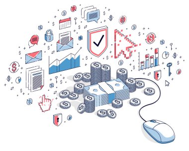 Online finans kavramı, web ödemeler, Internet kazanç, online bankacılık, para yığınları bilgisayar fare ile. İzometrik 3B vektör illüstrasyon simgeler, istatistik grafikleri ve tasarım öğelerini ile finans.