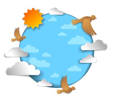 Kuşlar güzel bulutlar ve gökyüzü, yaz rahat ve huzurlu duygu Güneş arasında uçan akın, kağıt kesme çocuklar tarzı illüstrasyon vektör.