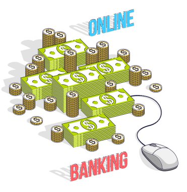 Online finans kavramı, web ödemeler, Internet kazanç, online bankacılık, nakit para yığınları kazık için bağlı bilgisayar fare ile. İzometrik 3d iş ve finans illüstrasyon vektör.