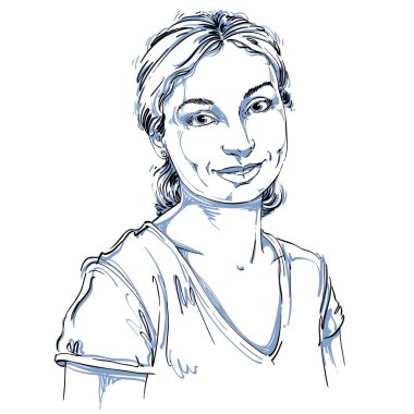 Vektör sanat resim, güzel mutlu gülümseyen kız beyaz izole portresi. Yüz ifadeleri, insanlar olumlu duygular.