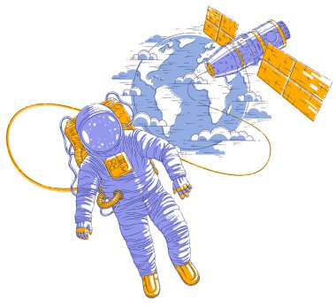 Astronot uzay istasyonu ve dünya gezegen arka planda, hafiflik ve ISS uzay aracı arkasında güneş panelleri ile yüzen spaceman bağlı açık uzaya çıktı. Vektör.