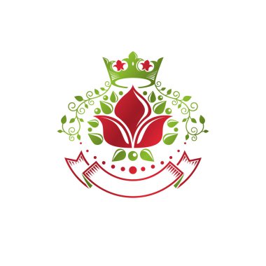 Retro vintage Insignia lily çiçek ve Imperial crown ile yaratılmıştır. Vektör ürün kalite fikir tasarım öğesi, alev almış zambak.