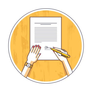 Bir sipariş veya yönergesi iş kadın işaretleri sözleşme resmi basılı belgeyi mühür, Bayan patron ile işaretler, onaylama elden çıkarma, Ceo Yöneticisi Şef, kadın eliyle kağıda üstten görünüm. Vektör çizim.