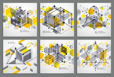 collage of Abstract creative geometric art with variety of geometric elements blue backgrounds set, vector illustration. Perspective blueprint of mechanism, scheme. Perfect background for your designs clipart