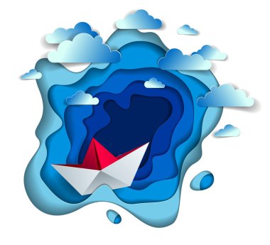 Origami kağıt gemi oyuncak yüzme okyanus dalgalarının içinde deniz ve bulutlar gökyüzünde yüzen oyuncak tekne ile doğal deniz manzarası güzel vektör çizim. Su seyahat, yaz tatili.   