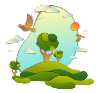 Bulutlar kuşlar ve güneş gökyüzü, kağıt kesim tarzı çocukça illüstrasyon, kırsal, seyahat ve Turizm Tema tatil yaz yeşil alanlar ve ağaçlar doğal peyzaj.