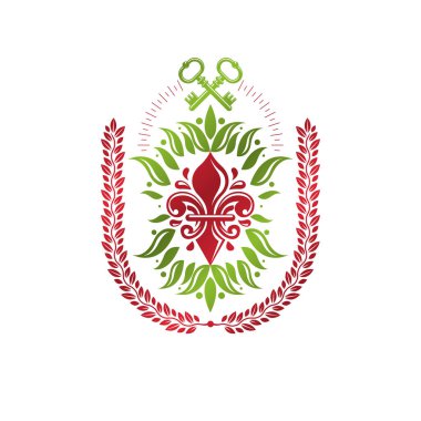 Vintage hanedan vektör Insignia lily çiçek kraliyet sembolü ve güvenlik anahtarları ile oluşur. Çevre koruma Tema illüstrasyon, ekoloji ve doğa tasarım öğesi Kaydet.