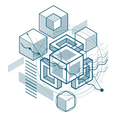 İzometrik doğrusal soyut vektör arka plan, çizgili soyutlama. Küpleri, Altıgenler, kareler, dikdörtgenler ve farklı soyut öğeler.