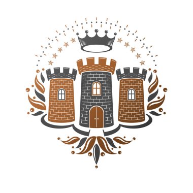 Antik Fort amblemi. Heraldic Coat of Arms dekoratif logosu izole edilmiş vektör çizimi. Beyaz arkaplanda eski tarzda Retro logotype.