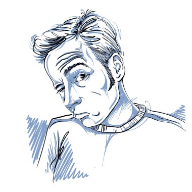 Sarhoş adam veya kumarbaz ile kırışıklıkları alnına çizim vektör. Zor adam portresi siyah ve beyaz. 