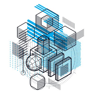 3D soyut vektör izometrik arka plan. Küpleri, Altıgenler, kareler, dikdörtgenler ve farklı soyut öğeler düzenini.