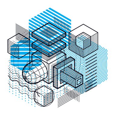 İzometrik soyutlama hatları ve farklı öğeleri, vektör arka plan. Kompozisyon küpleri, Altıgenler, kareler, dikdörtgenler ve farklı soyut öğeler.