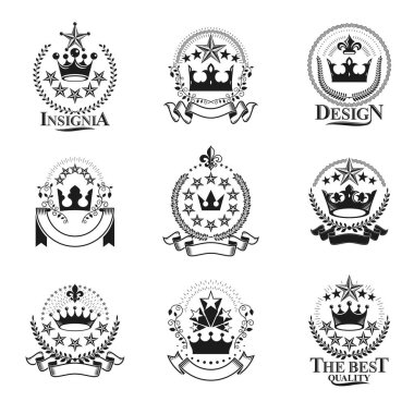 Kraliyet Taç amblemleri yerleştirildi. Arms dekoratif logoları Heraldic Coat izole edilmiş vektör çizimleri koleksiyonu.
