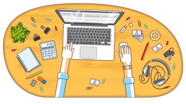 Ofis çalışanı veya Pc dizüstü bilgisayar, el ve çeşitli ileti örneği nesnelerle çalışma alanı masa üstten görünüm üzerinde çalışan girişimci. Tüm öğeleri ayrı ayrı kullanımı kolay. Vektör çizim.