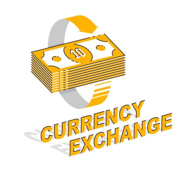 Döviz Alım Satım kavramı, nakit para yığını radyal döngü oklarla. 3D izometrik iş ve finans illüstrasyon vektör, ince çizgili Tema.