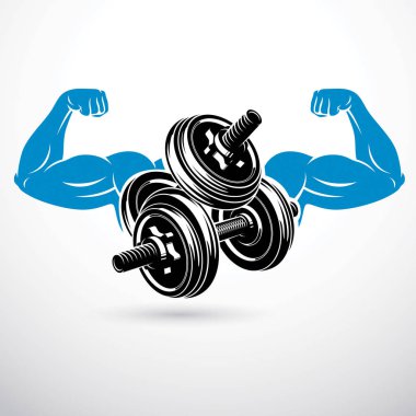 Güçlü adam pazı kol ve halter vektör Illustration. Ağırlık kaldırma spor salonu sembolü, Spor Kulübü.