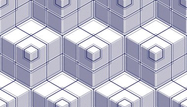 Geometrik küpler soyut dikişsiz desen, üç boyutlu vektör arkaplan. Teknoloji stili mühendislik çizgisi sonsuz çizimler yapıyor. Tek renk, siyah ve beyaz..