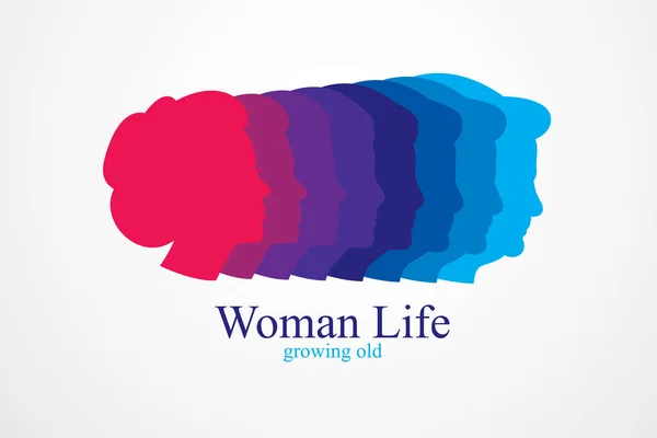 Woman life age years concept, time of life, periods and cycle of life, growing old, maturation and aging, one generation and age categories. Vector simple classic icon or logo design.