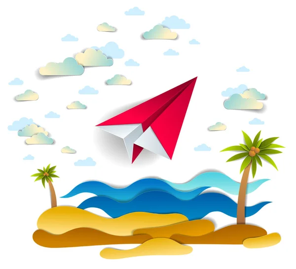 Origami Papel Avión Juguete Volando Cielo Sobre Las Olas Del — Vector de stock