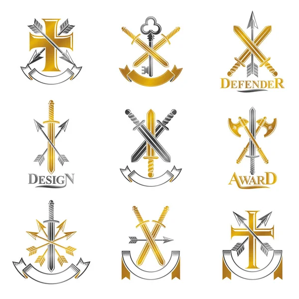 Vintage Silah Amblemleri ayarlandı. Vintage vektör tasarım elemanları koleksiyonu. Retro biçim etiketi, heraldry.