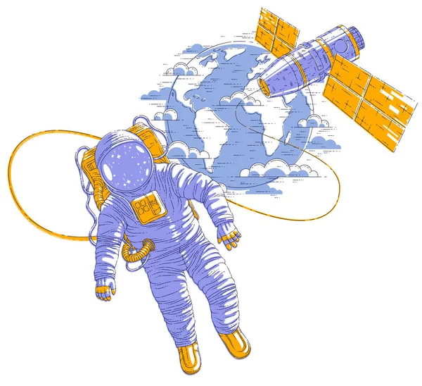 Astronaut Uitging Open Ruimte Verbonden Met Het Ruimtestation Aarde Planeet — Stockvector