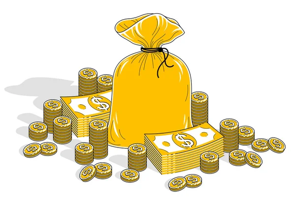 Kekayaan Dan Kekayaan Tunai Tas Uang Dengan Tumpukan Uang Kertas - Stok Vektor