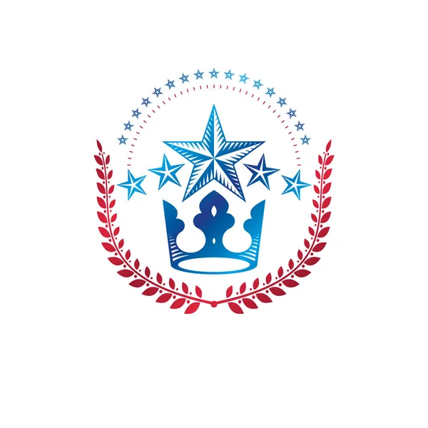 軍星エンブレム ロイヤル クラウンと月桂樹の花輪で作成されました 紋章のベクター デザイン要素 レトロなスタイルのラベル 紋章ロゴ — ストックベクタ
