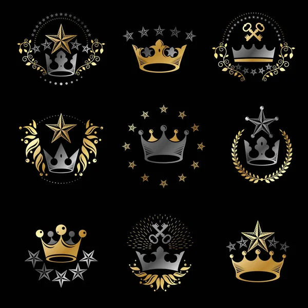 Conjunto Emblemas Coronas Reales Escudo Heráldico Logotipos Decorativos Vector Aislado — Vector de stock