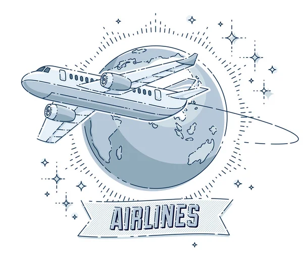Avión Línea Aérea Con Planeta Tierra Cinta Con Mecanografía Emblema — Archivo Imágenes Vectoriales