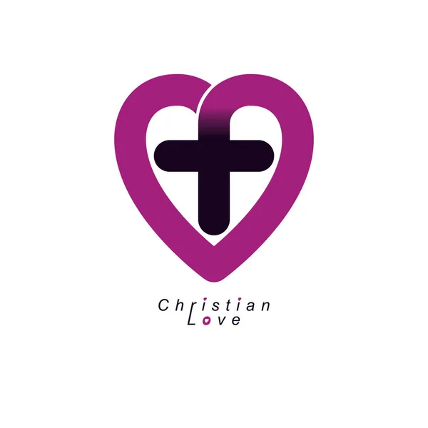 Symbole Conceptuel Amour Dieu Combiné Avec Croix Chrétienne Cœur Logo — Image vectorielle