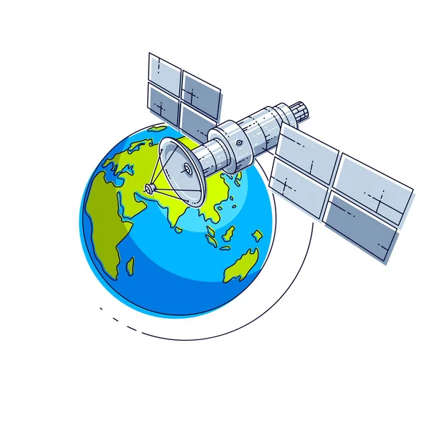 Comunicazioni Satellite Volo Orbitale Intorno Alla Terra Vettoriale Illustrazione — Vettoriale Stock