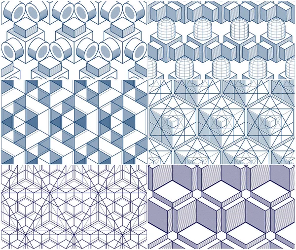 几何3D 线抽象无缝模式集 矢量背景多维数据集集合 技术风格工程线画无尽插图 — 图库矢量图片