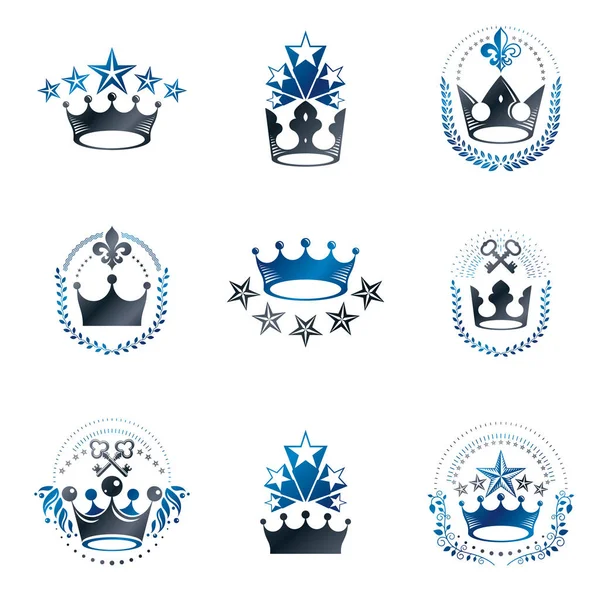 Conjunto Emblemas Coroas Reais Heráldica Brasão Braços Logotipos Decorativos Isolado —  Vetores de Stock
