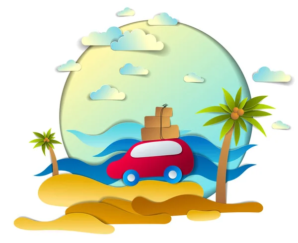 Coche Rojo Con Equipaje Paisaje Marino Escénico Con Playa Palmeras — Vector de stock