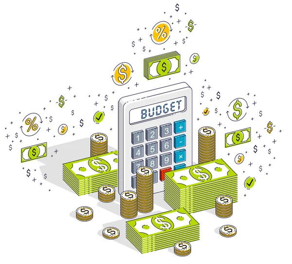 Calculatrice Avec Des Piles Argent Comptant Des Piles Pièces Isolées — Image vectorielle