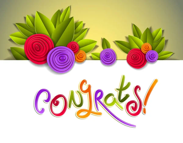 Parabéns Parabéns Cartão Felicitações Com Folhas Verdes Frescas Flores Coloridas — Vetor de Stock