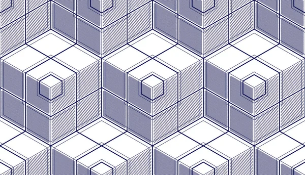 几何立方体抽象无缝模式 3D矢量背景 技术风格的工程技术线条画了无尽的图解 黑白单色 — 图库矢量图片