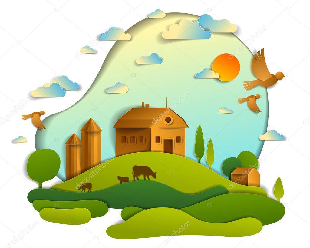 Scenic landscape of farm buildings among meadows trees and birds in sky, vector illustration of summer time relaxing nature in paper cut style. Countryside beautiful ranch.