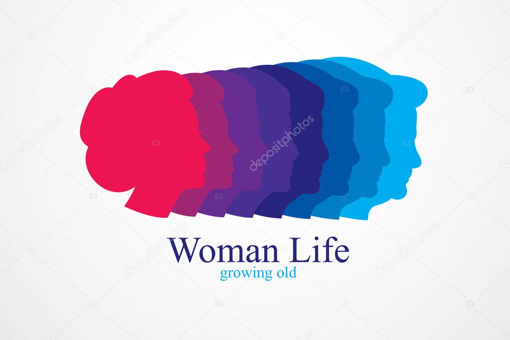 Woman life age years concept, time of life, periods and cycle of life, growing old, maturation and aging, one generation and age categories. Vector simple classic icon or logo design.