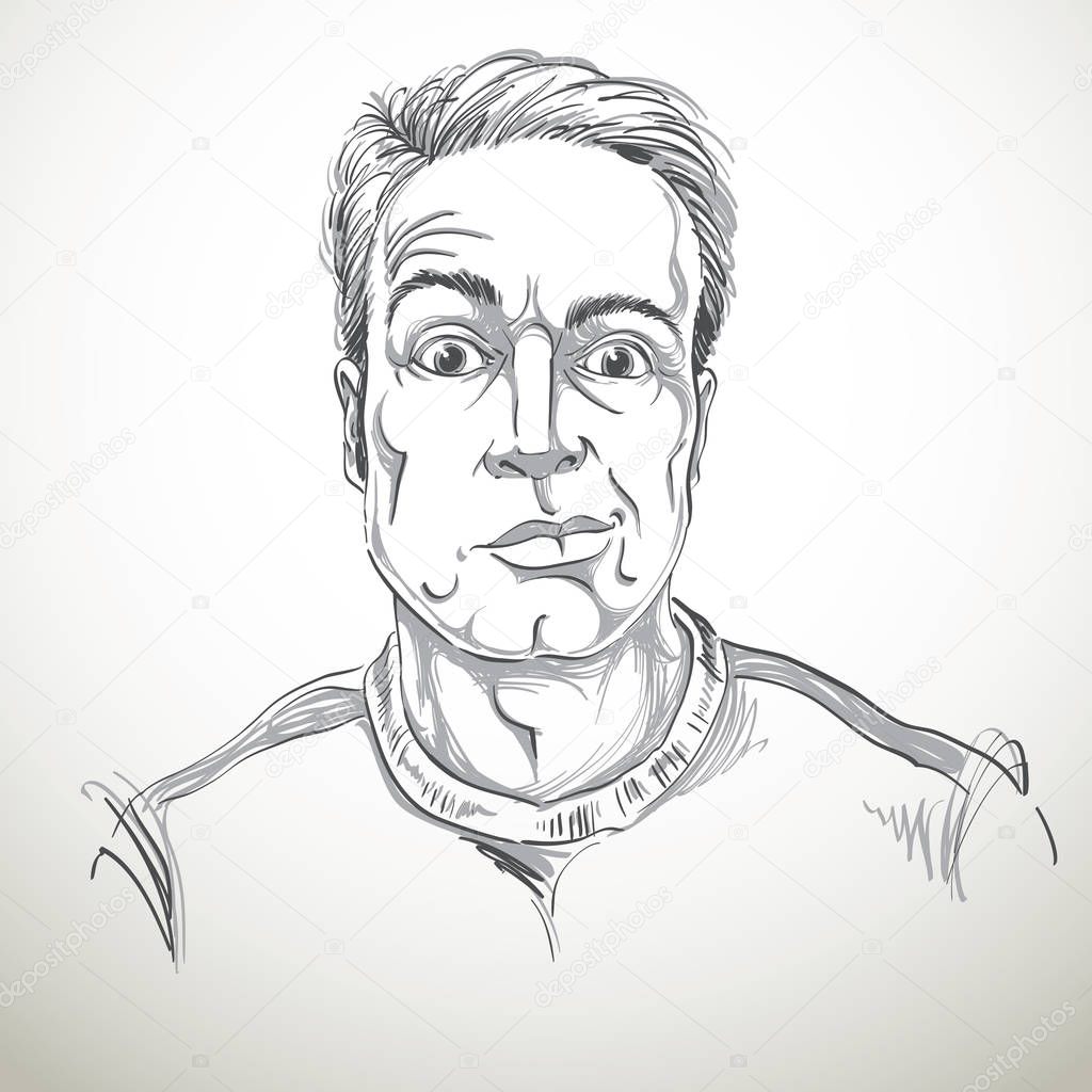 Hand-drawn vector illustration of skeptic guy with short hair. Monochrome image, expressions on face of young man, shocked person.